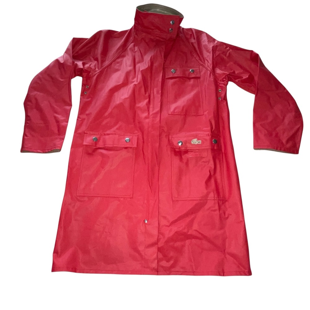 Vintage Izod Mens Lacoste Red‎ PVC Raincoat Trench Mac Coat 70s 80s Small Preppy